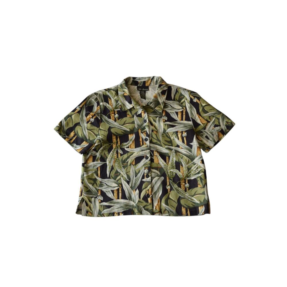 Tropical Palm Print Shirt Beaded Cotton Size 14